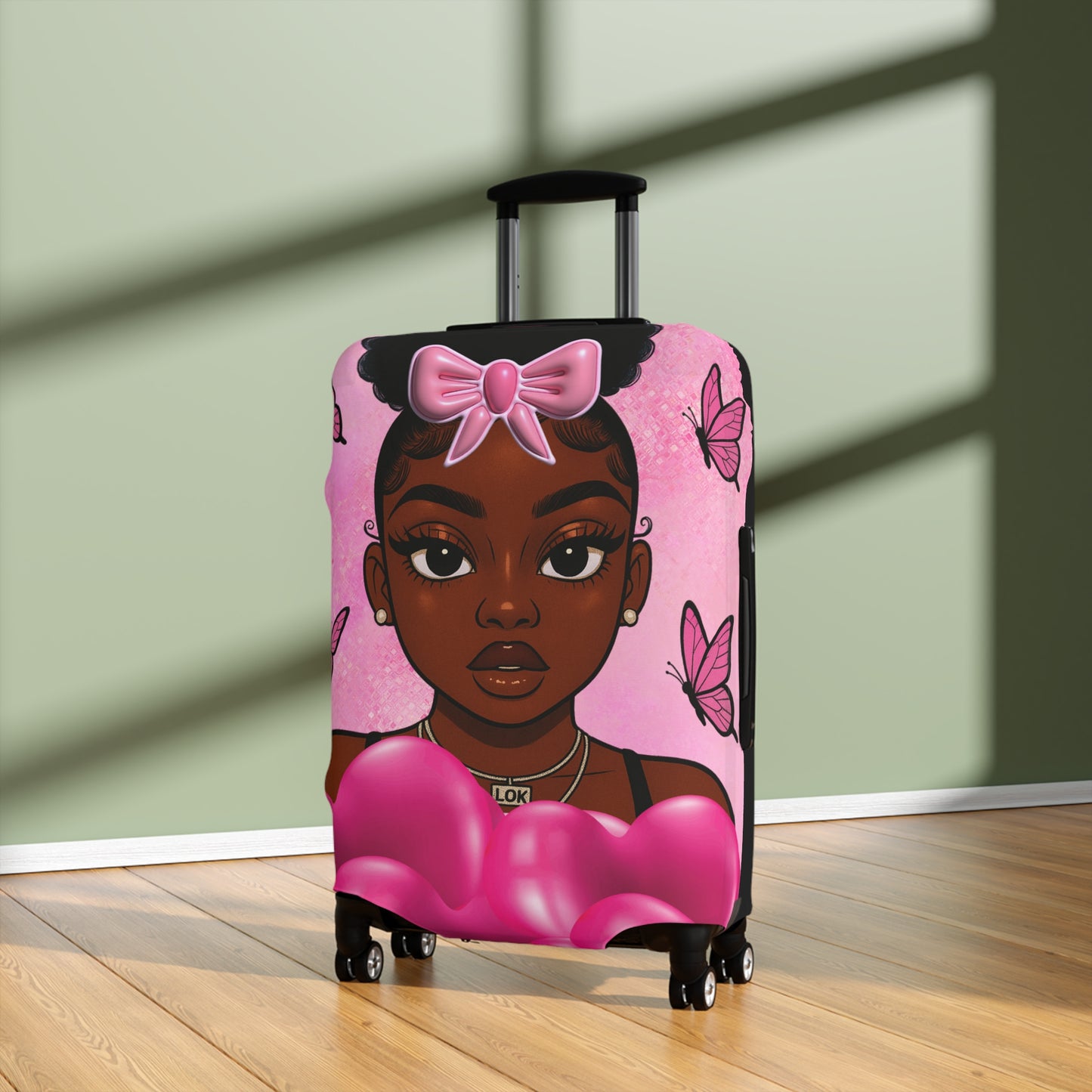 Stylish Luggage Cover with Cute Character Design, Travel Accessory for Girls, Gift for Travelers, Fun Suitcase Protector, Unique Travel Gear