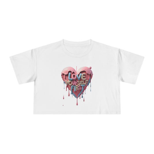 Love Yourself First Women's Crop Tee | Motivational Crop Top, Self-Care Gift, Casual Wear, Inspirational Fashion, Heart Print Tee