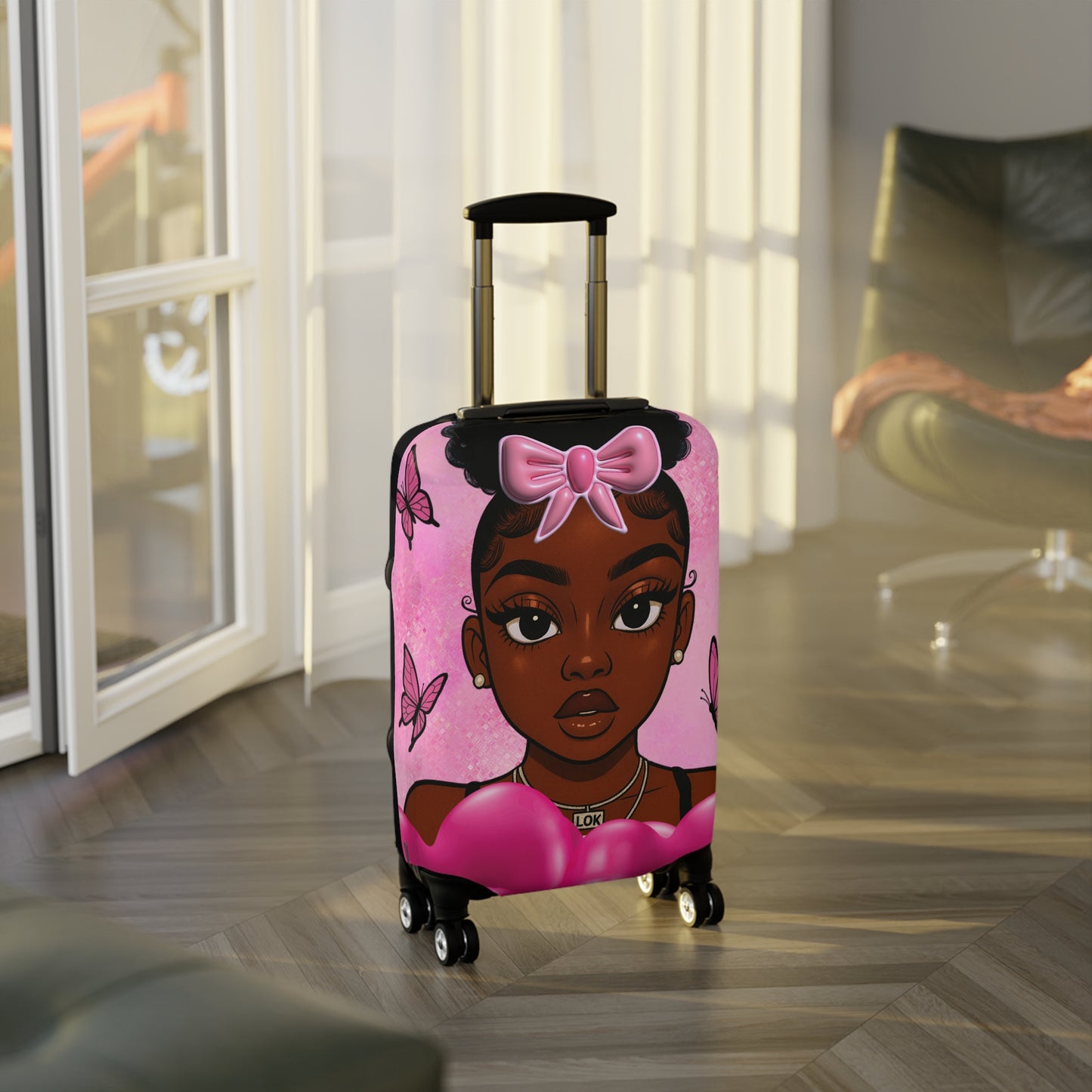 Stylish Luggage Cover with Cute Character Design, Travel Accessory for Girls, Gift for Travelers, Fun Suitcase Protector, Unique Travel Gear