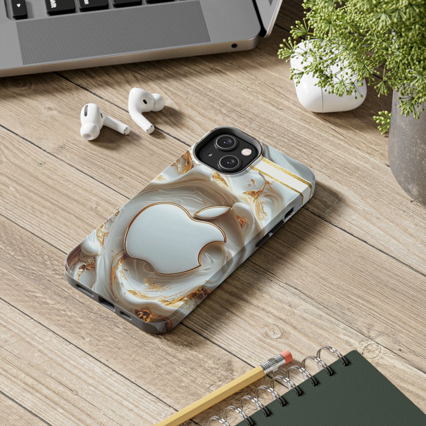 Elegant Gold & White Tough Phone Cases, Stylish Phone Protection, Gift for Apple Lovers, Tech Accessories, Trendy Phone Cover | Iphone Case