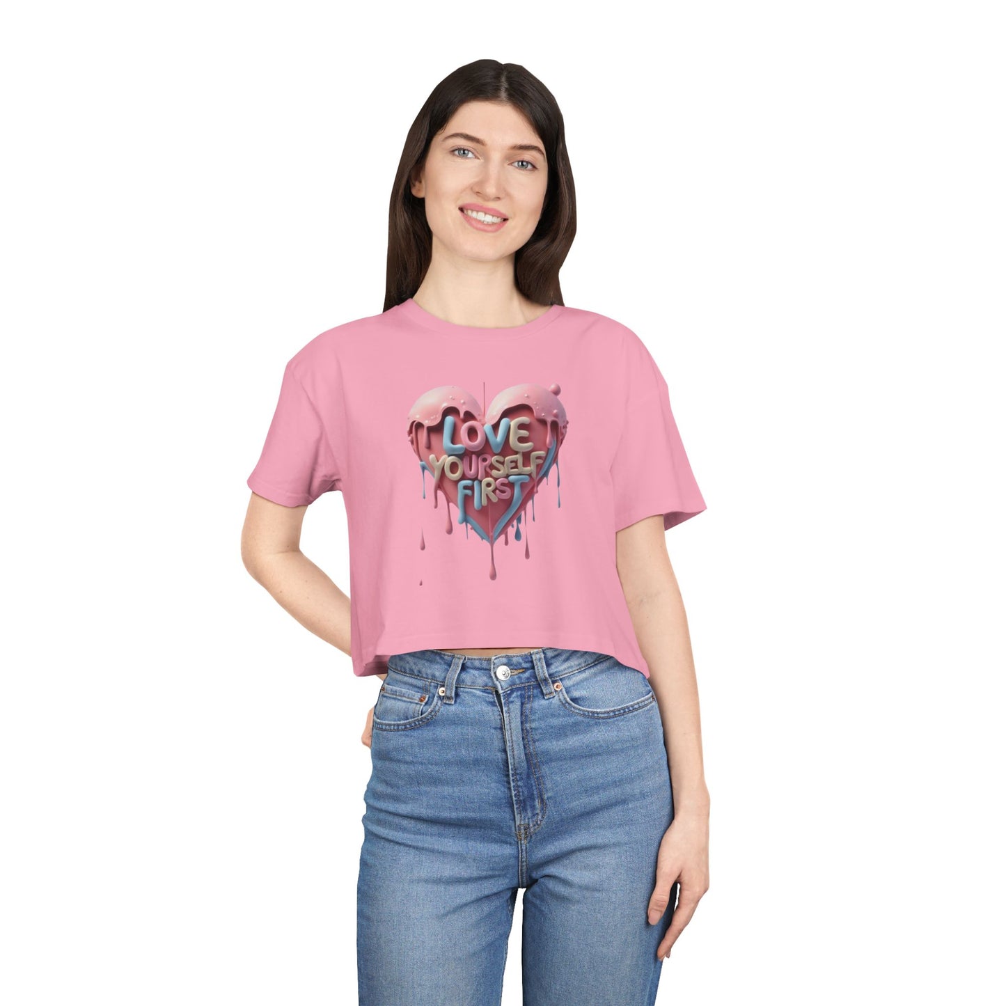Love Yourself First Women's Crop Tee | Motivational Crop Top, Self-Care Gift, Casual Wear, Inspirational Fashion, Heart Print Tee