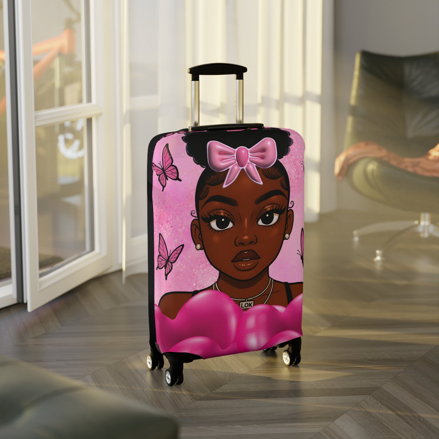 Stylish Luggage Cover with Cute Character Design, Travel Accessory for Girls, Gift for Travelers, Fun Suitcase Protector, Unique Travel Gear