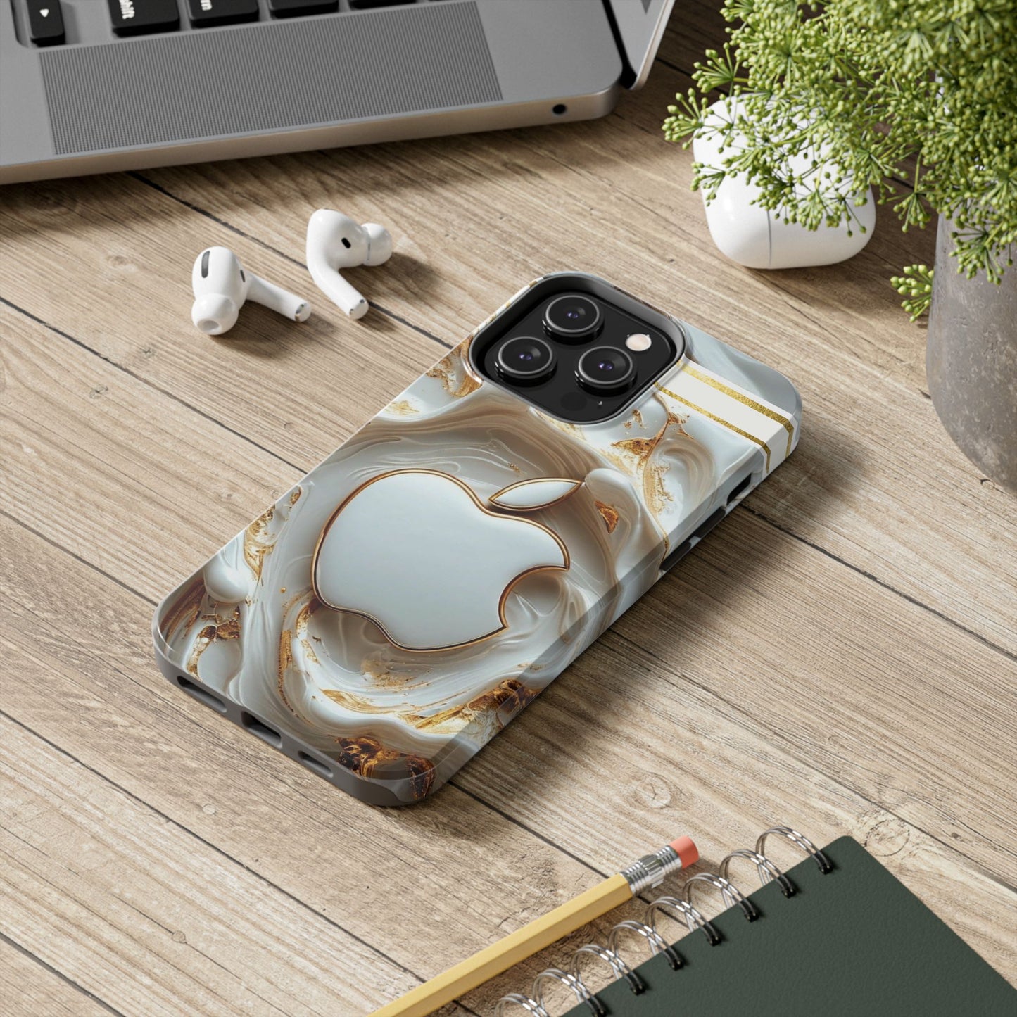 Elegant Gold & White Tough Phone Cases, Stylish Phone Protection, Gift for Apple Lovers, Tech Accessories, Trendy Phone Cover | Iphone Case