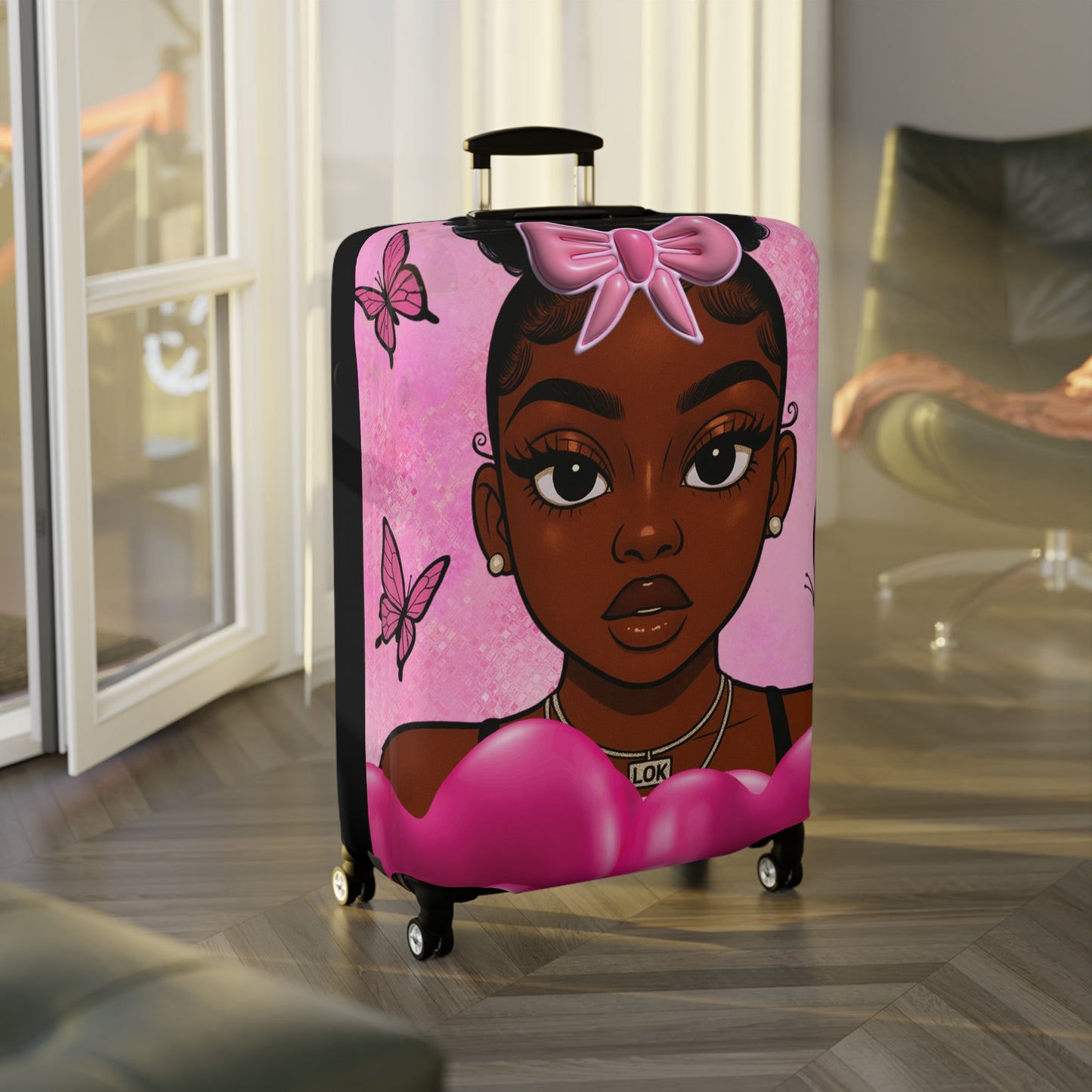 Stylish Luggage Cover with Cute Character Design, Travel Accessory for Girls, Gift for Travelers, Fun Suitcase Protector, Unique Travel Gear