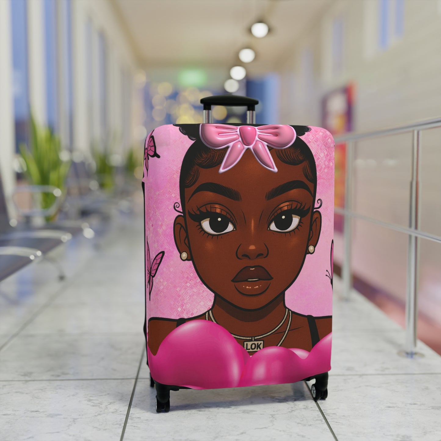 Stylish Luggage Cover with Cute Character Design, Travel Accessory for Girls, Gift for Travelers, Fun Suitcase Protector, Unique Travel Gear