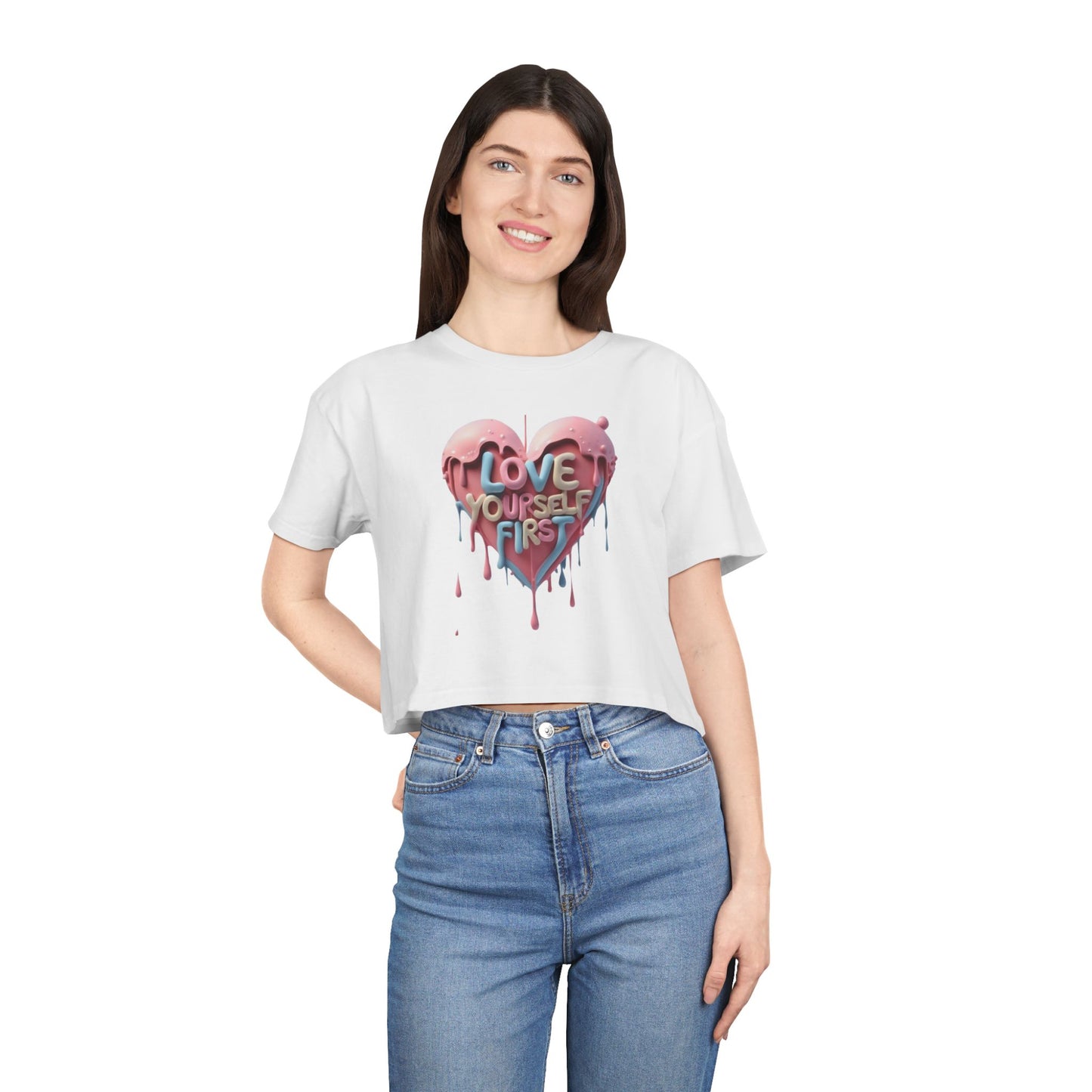 Love Yourself First Women's Crop Tee | Motivational Crop Top, Self-Care Gift, Casual Wear, Inspirational Fashion, Heart Print Tee