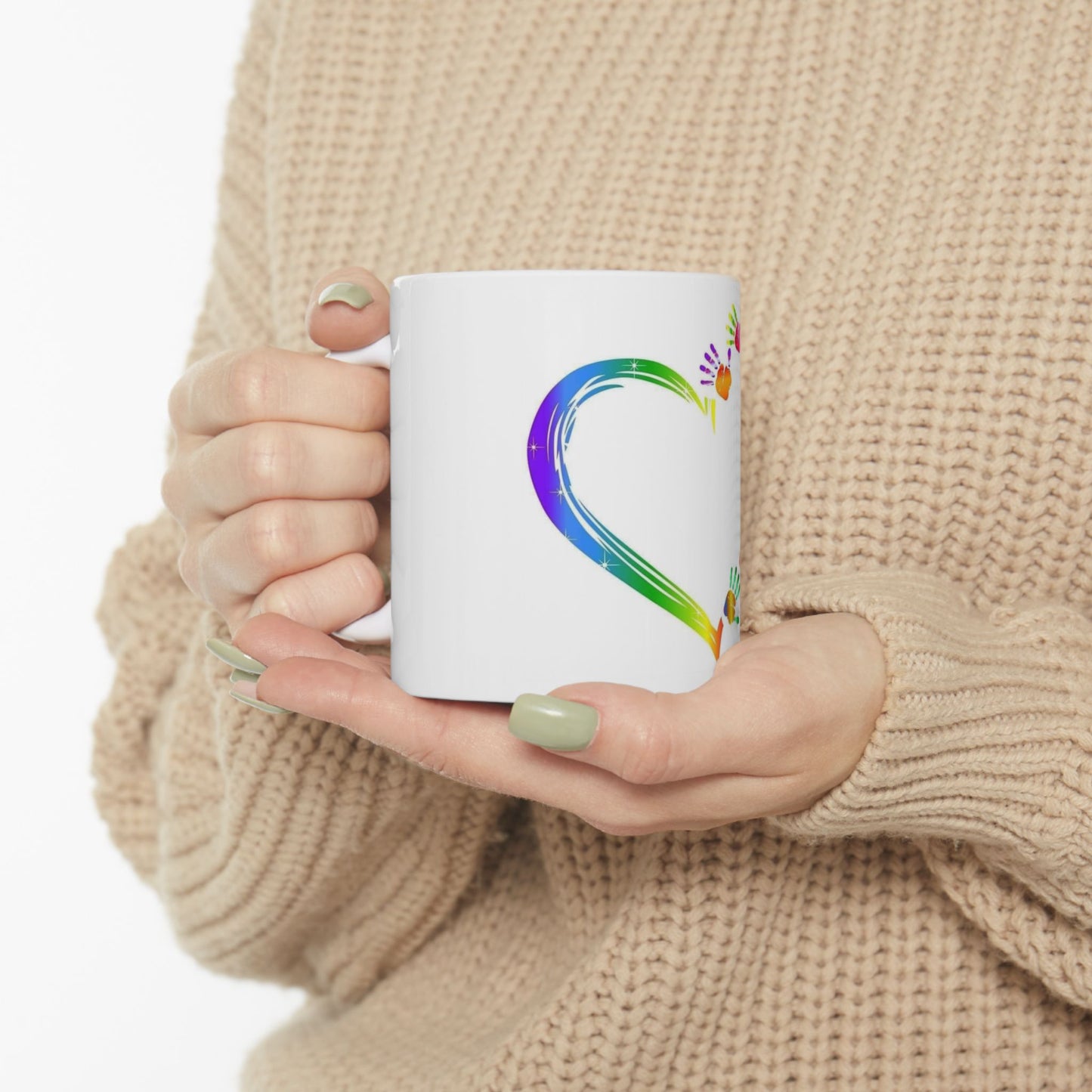 Colorful Heart Handprint Ceramic Mug
