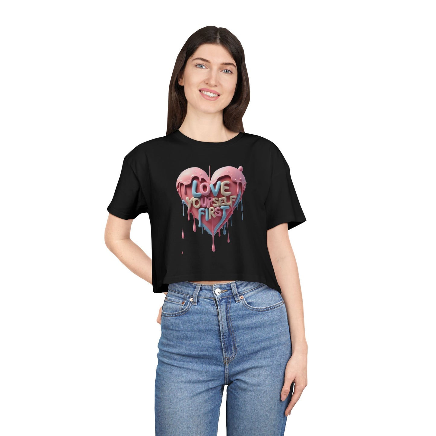 Love Yourself First Women's Crop Tee | Motivational Crop Top, Self-Care Gift, Casual Wear, Inspirational Fashion, Heart Print Tee