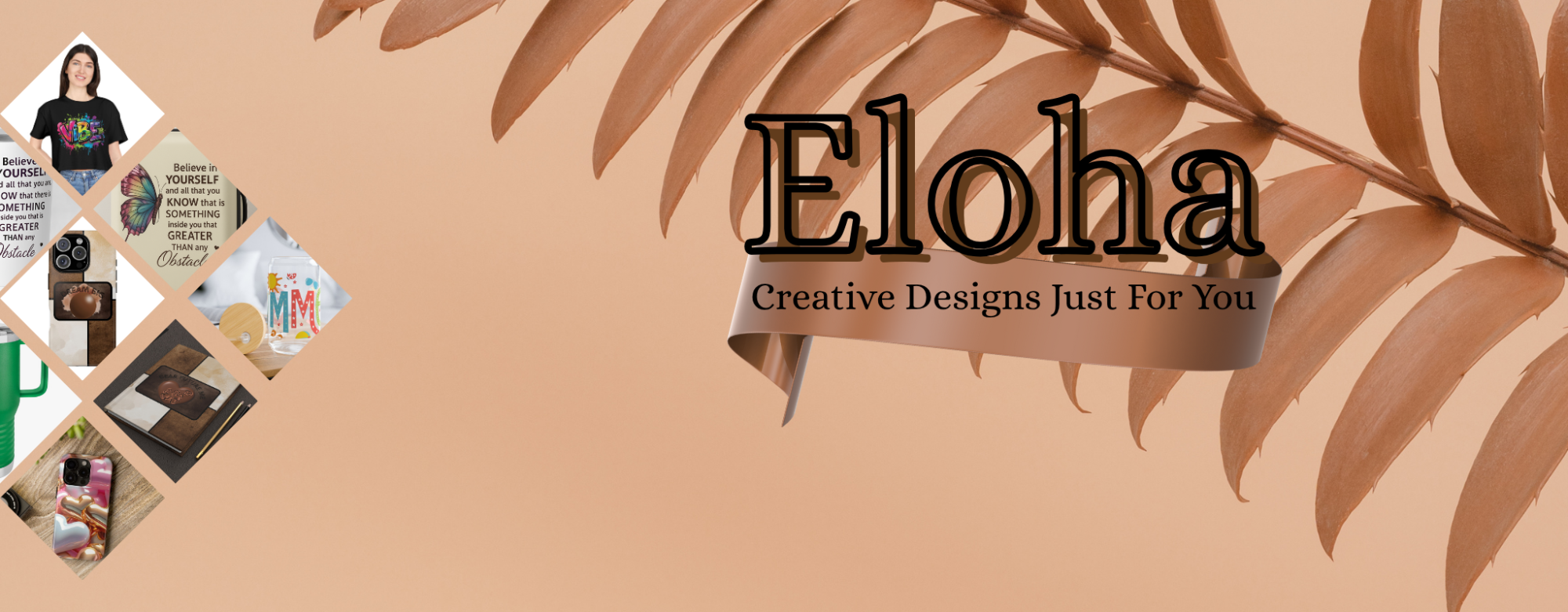 Eloha brand banner with leaf design and sample designs on a beige background